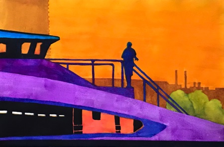East River Ferry; 
2019; watercolor on Arches 140 CP, 15 x 22"